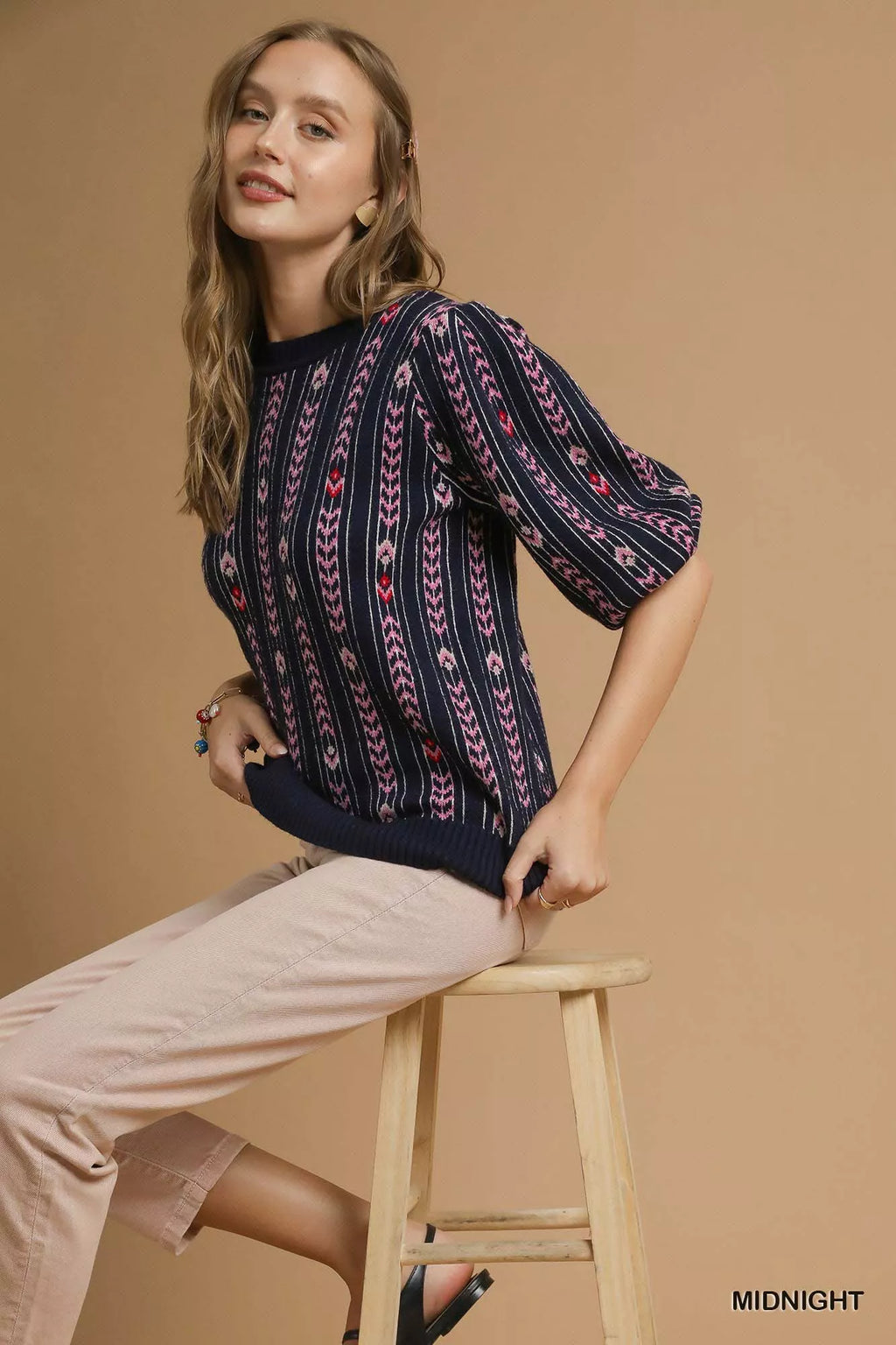Jacquard Knit Puff Sleeve Sweater