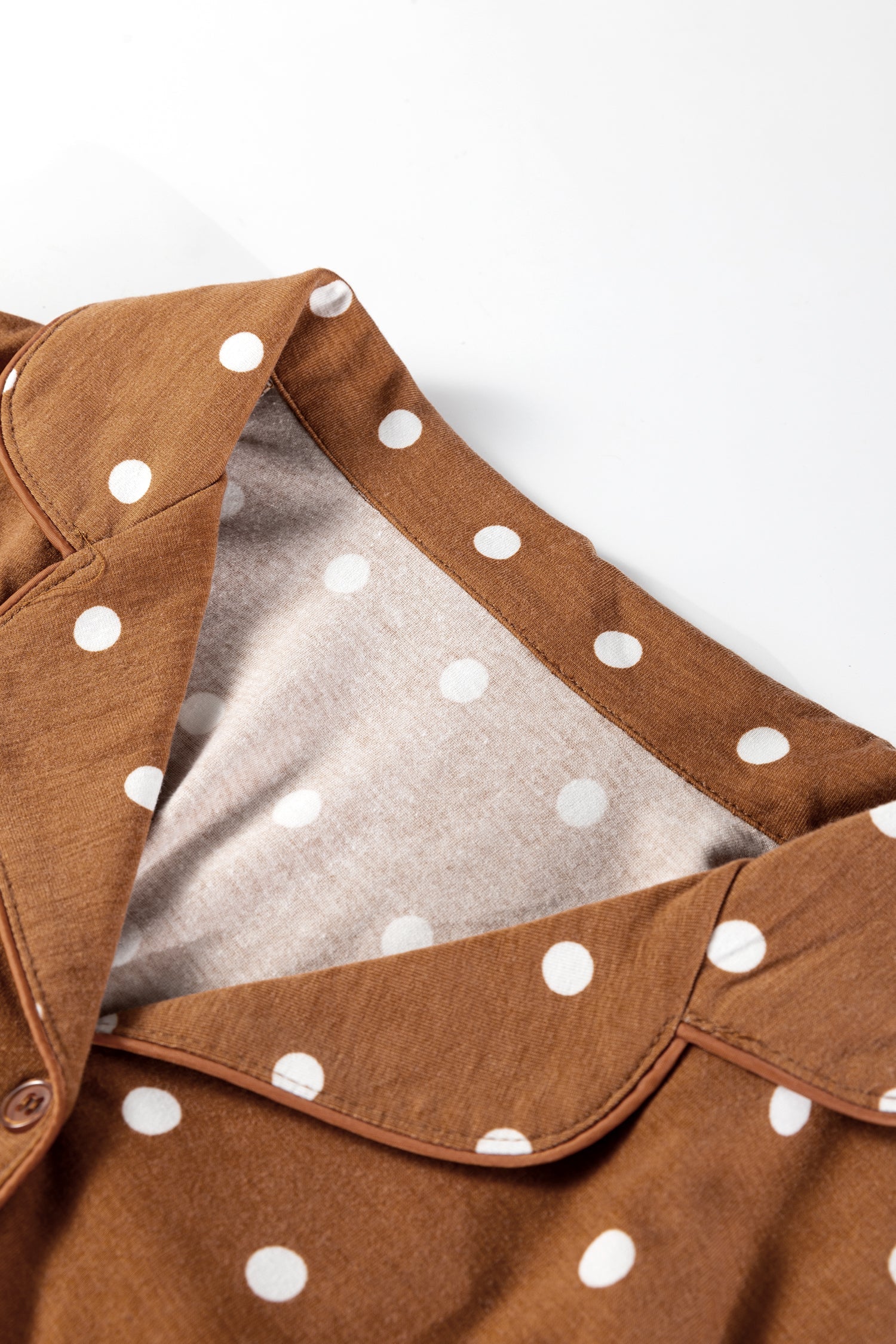 Brown Polka Dot Print Long Sleeve Shirt Pant 2pcs Pajama Set