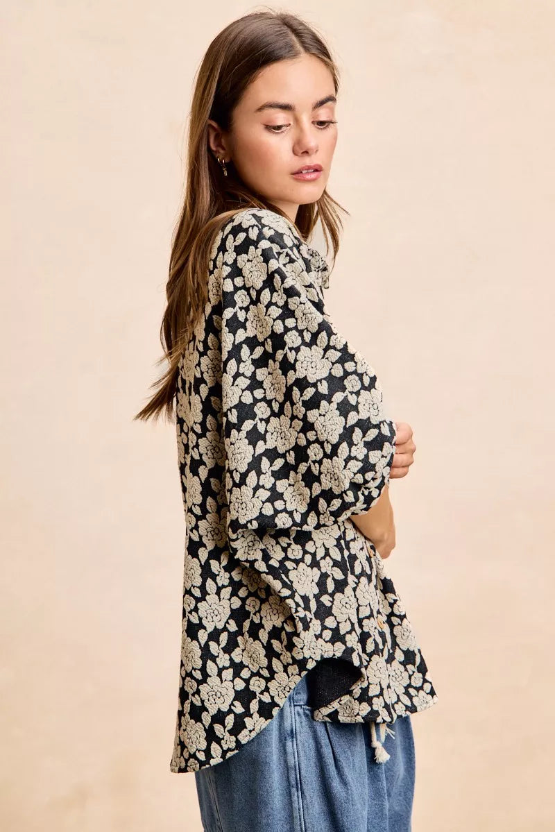 Floral Jacquard Short Dolman Sleeves Shirt