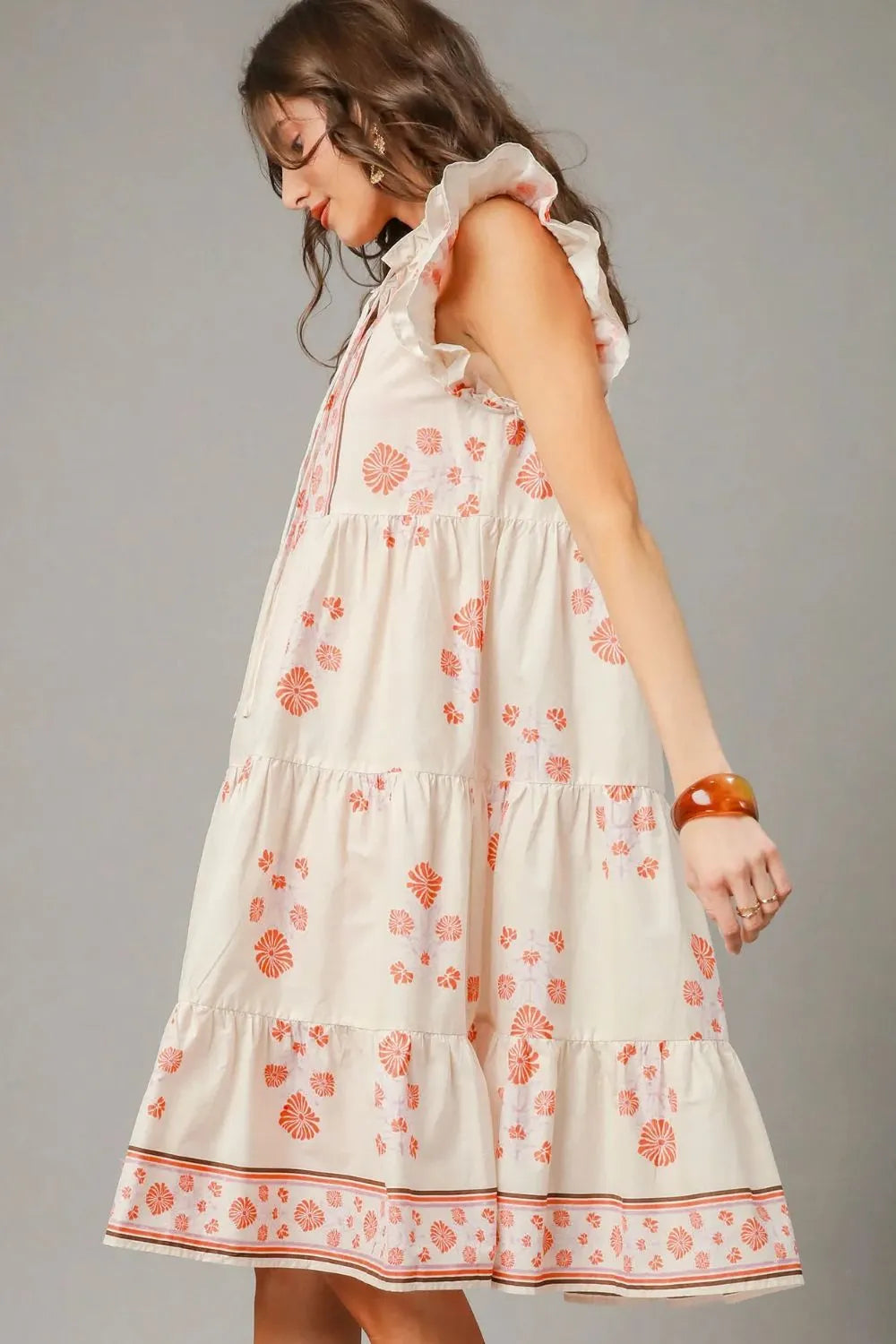 Printed Tie Neck Ruffle Cap Sleeve Dress