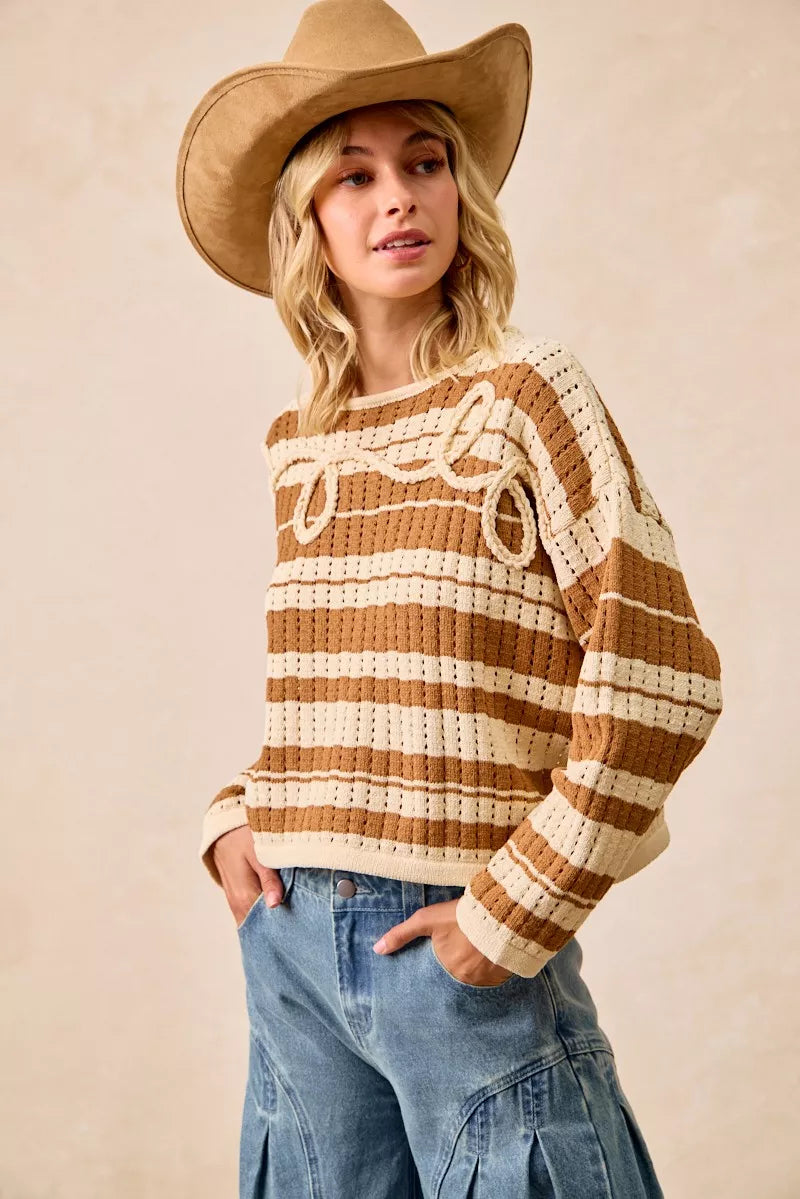 Striped Open Knit Sweater Top with Front Braided Detail