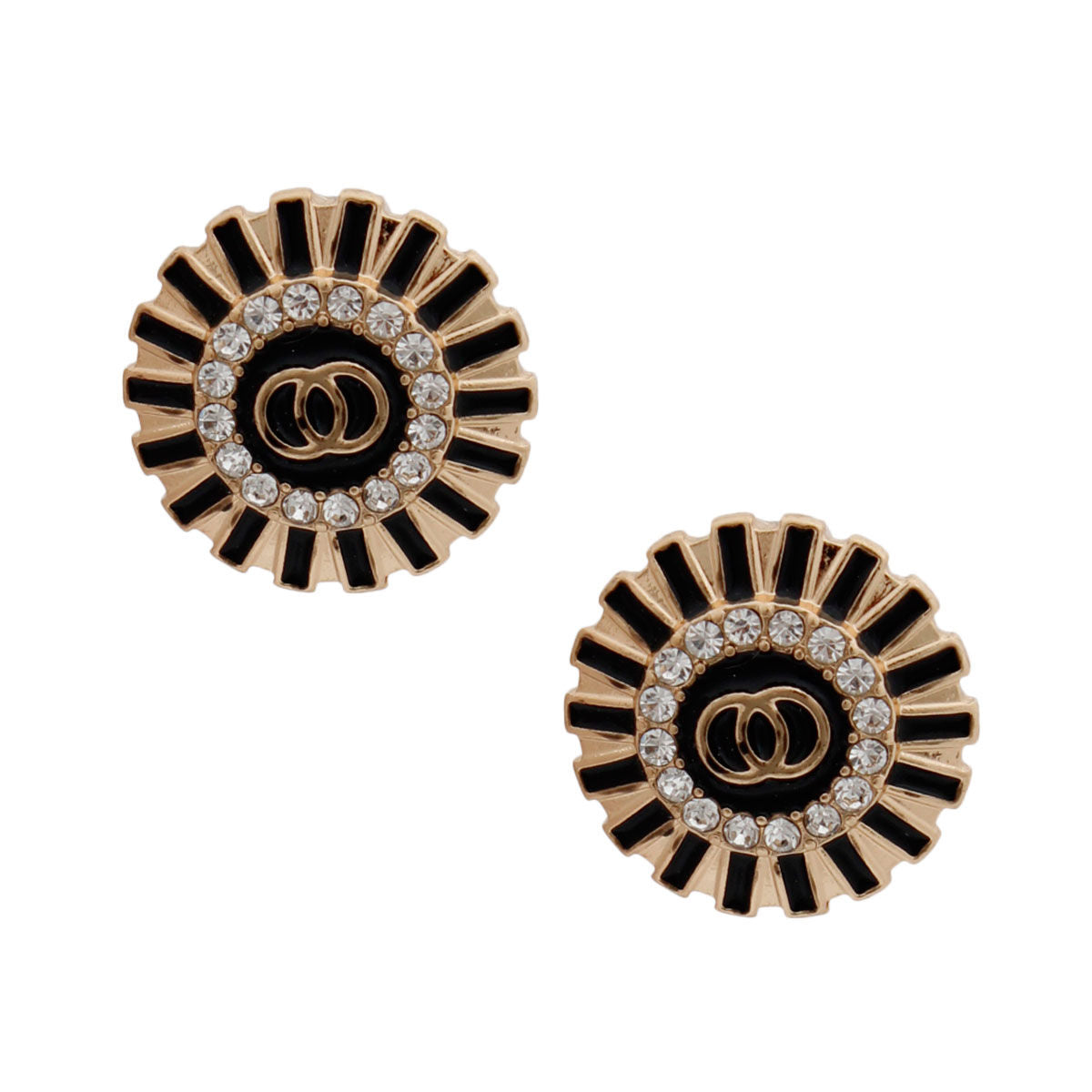 Round Gold and Black Lined Stud Earrings Stylish Fashion Jewelry