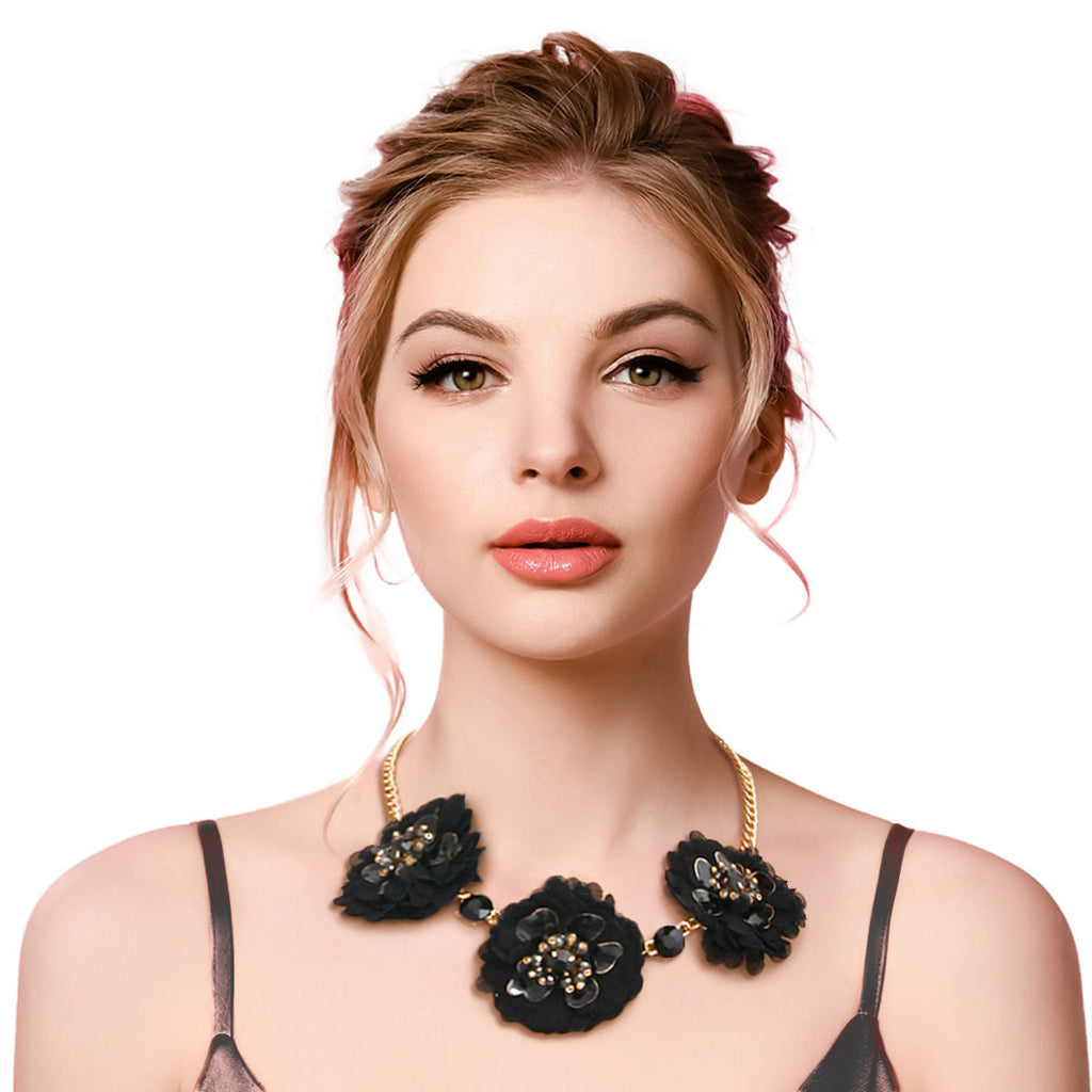 Statement Black Fabric Flower Necklace Set Stylish Chic Jewelry Accessory