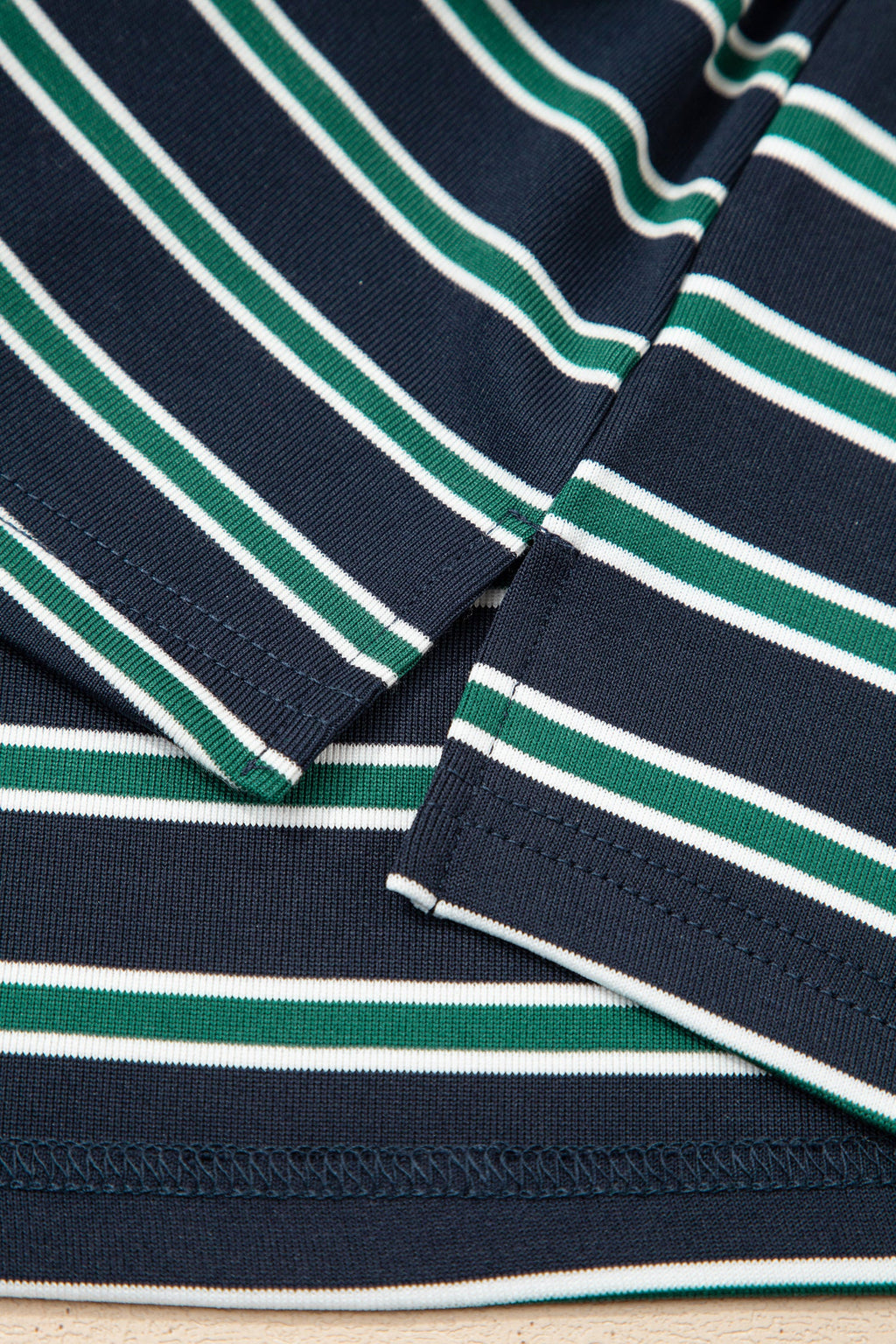 Green Stripe Ribbed Color Block Patchwork Crew Neck Patch Pocket Long Sleeve Top
