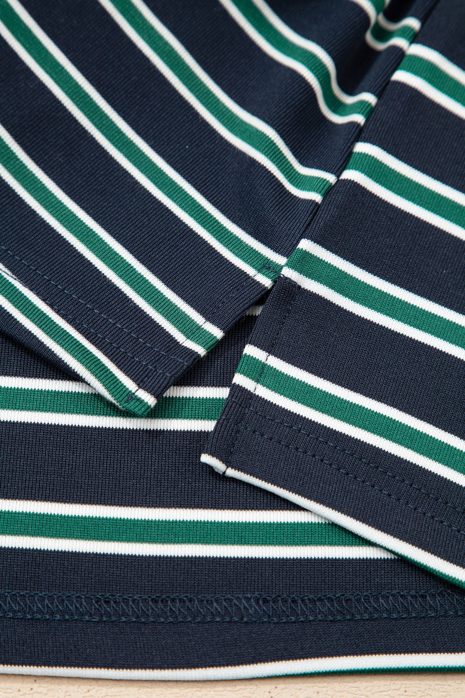 Green Stripe Ribbed Color Block Patchwork Crew Neck Patch Pocket Long Sleeve Top