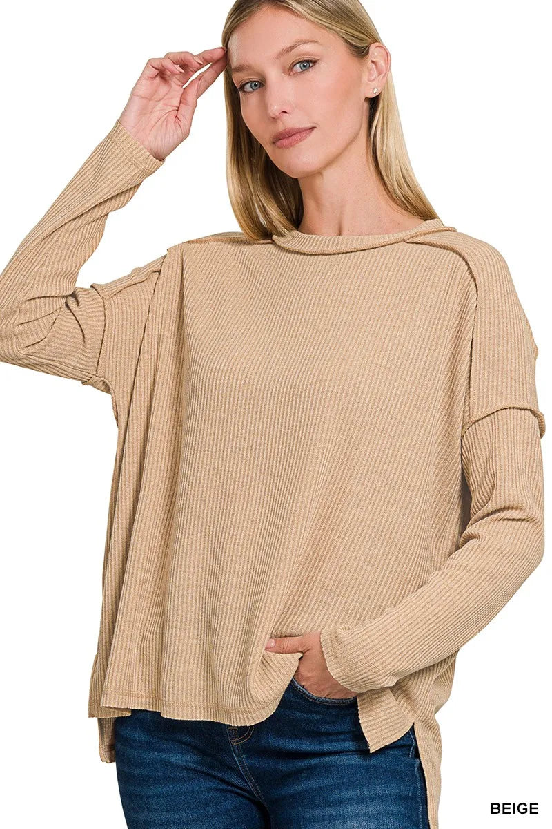 Ribbed Drop Shoulder Round Neck Sweater