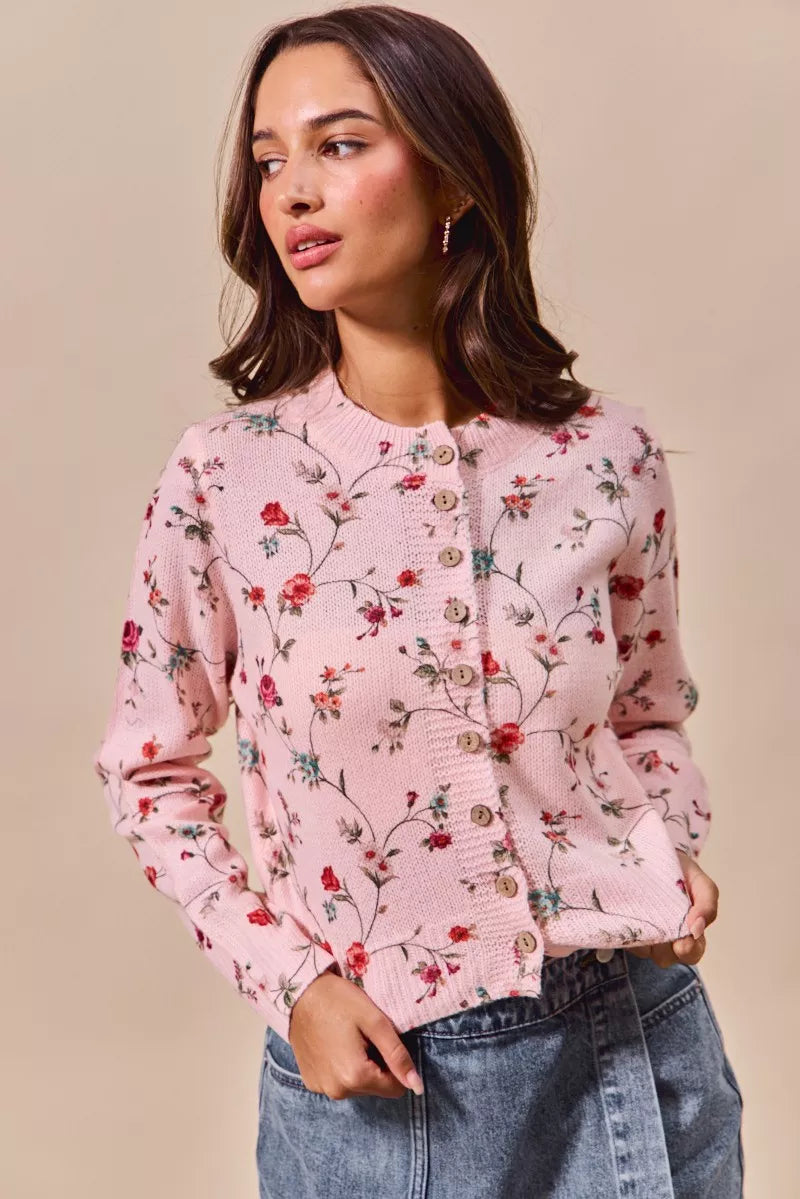Floral Print Button Front Sweater Cardigan Top