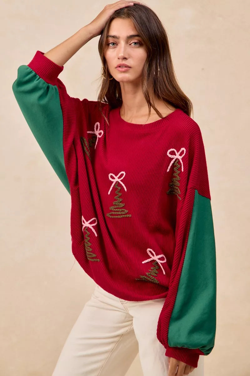Christmas Theme Tree Embroidered Sweater