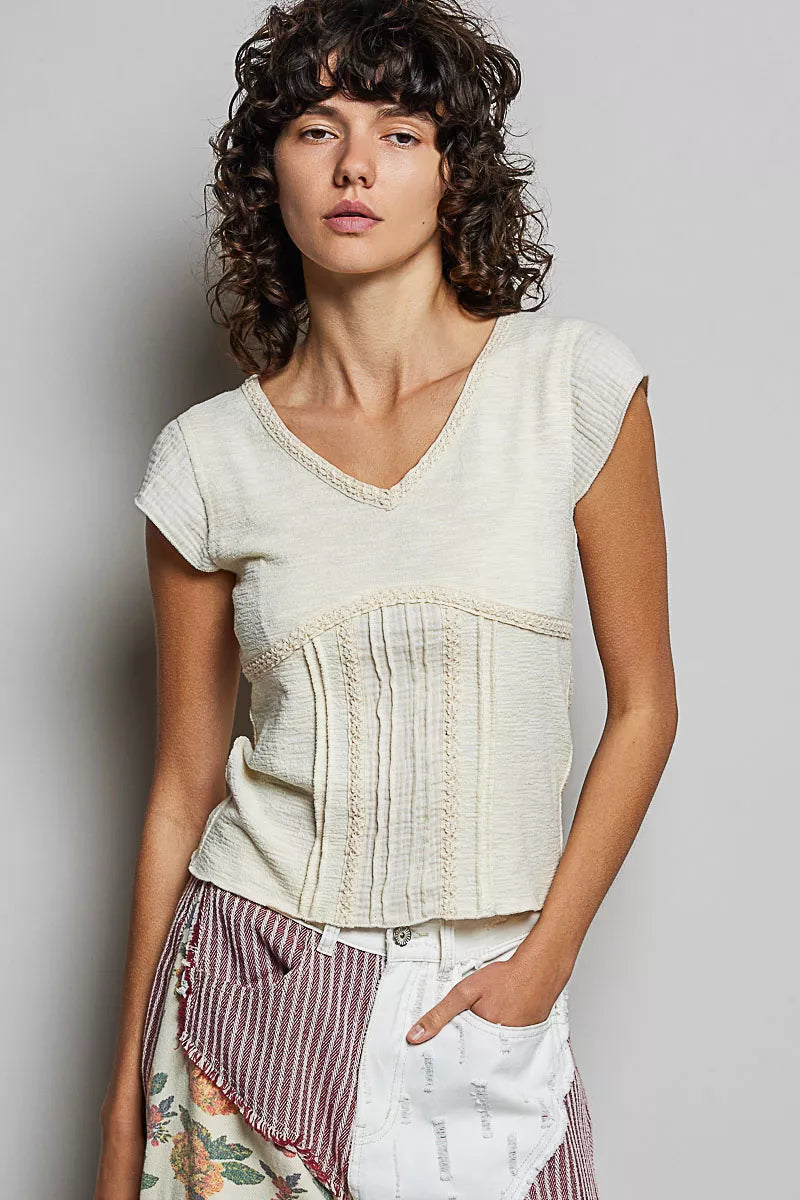 V-Neck Lightweight Textured Short Sleeve Knit Top with Lace Trim