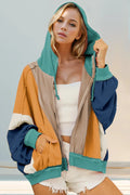 Double Take Full Size Color Block Zip Up Hoodie See size chart under “more details”