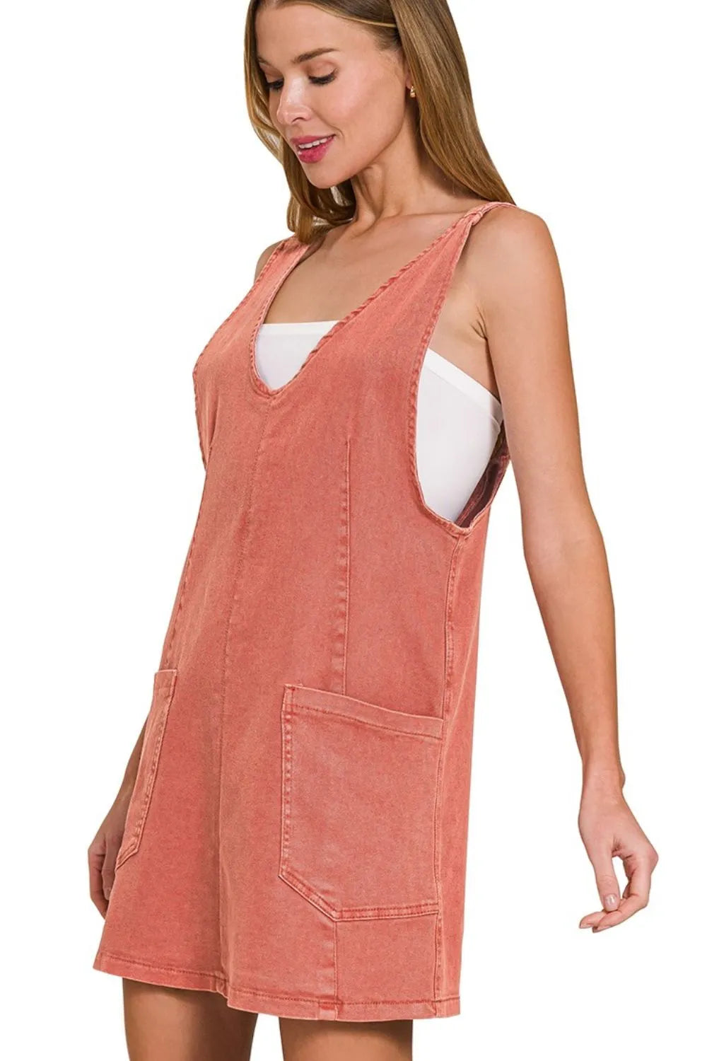 Washed Adjustable Strap Denim Overall Dress