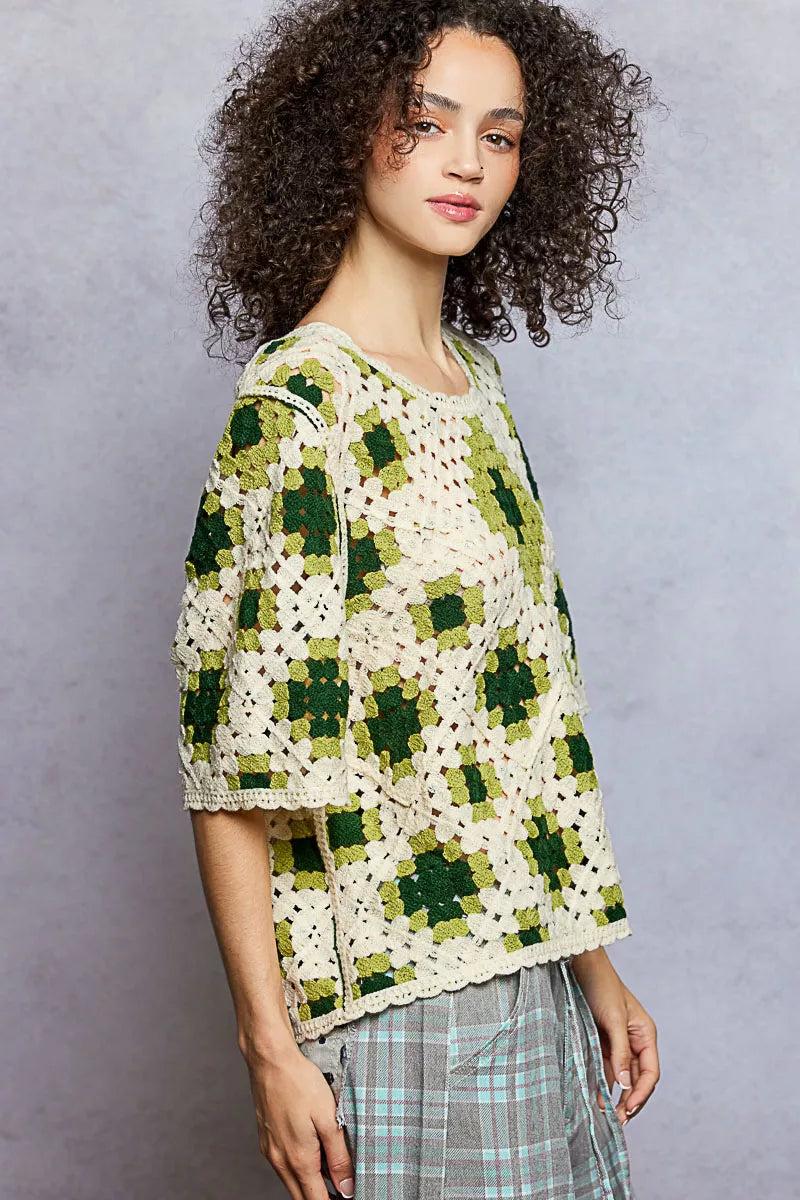 Round Neck Short Sleeve Color Pattern Crochet Top with Border Accents
