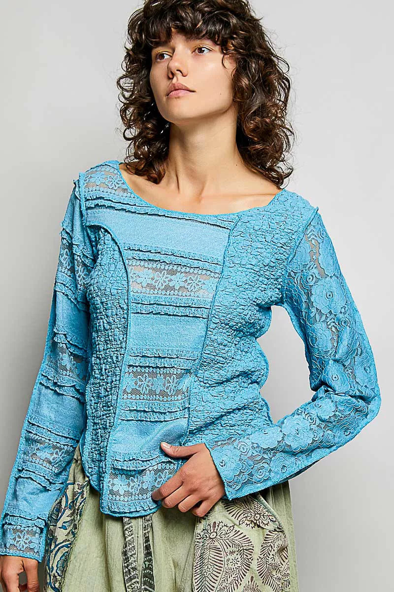Round Neck Long Sleeve Exposed Seam Top with Lace Detail