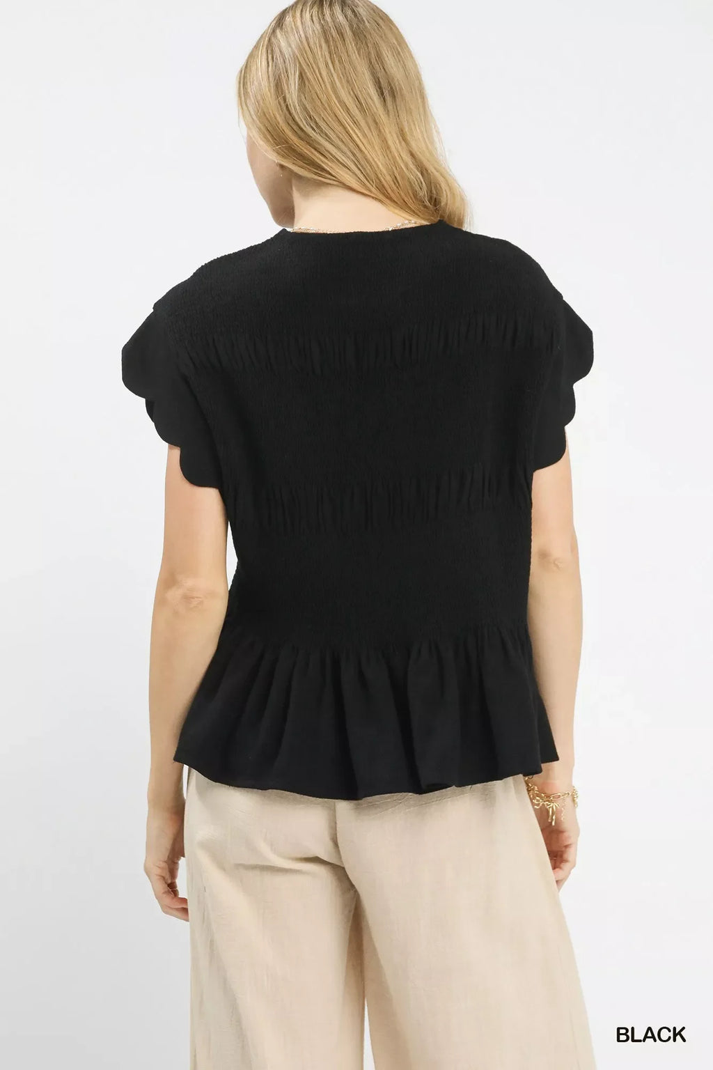Linen Blend Smocked Peplum Blouse