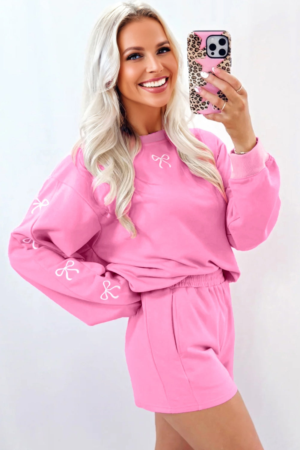 Sachet Pink Girly Bow Embroidered Detail Puff Sleeve Pullover 2pcs Short Set