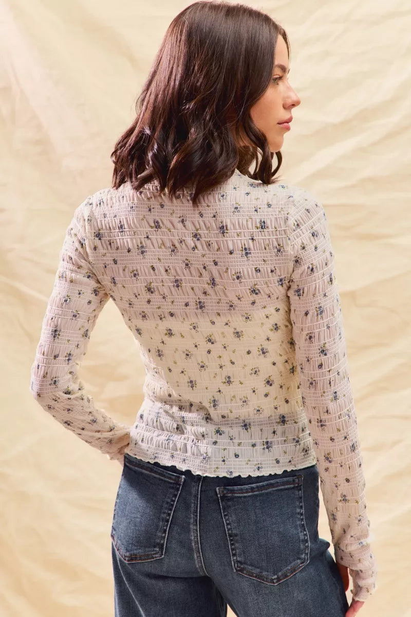 Floral Print Textured Long Sleeve Knit Top