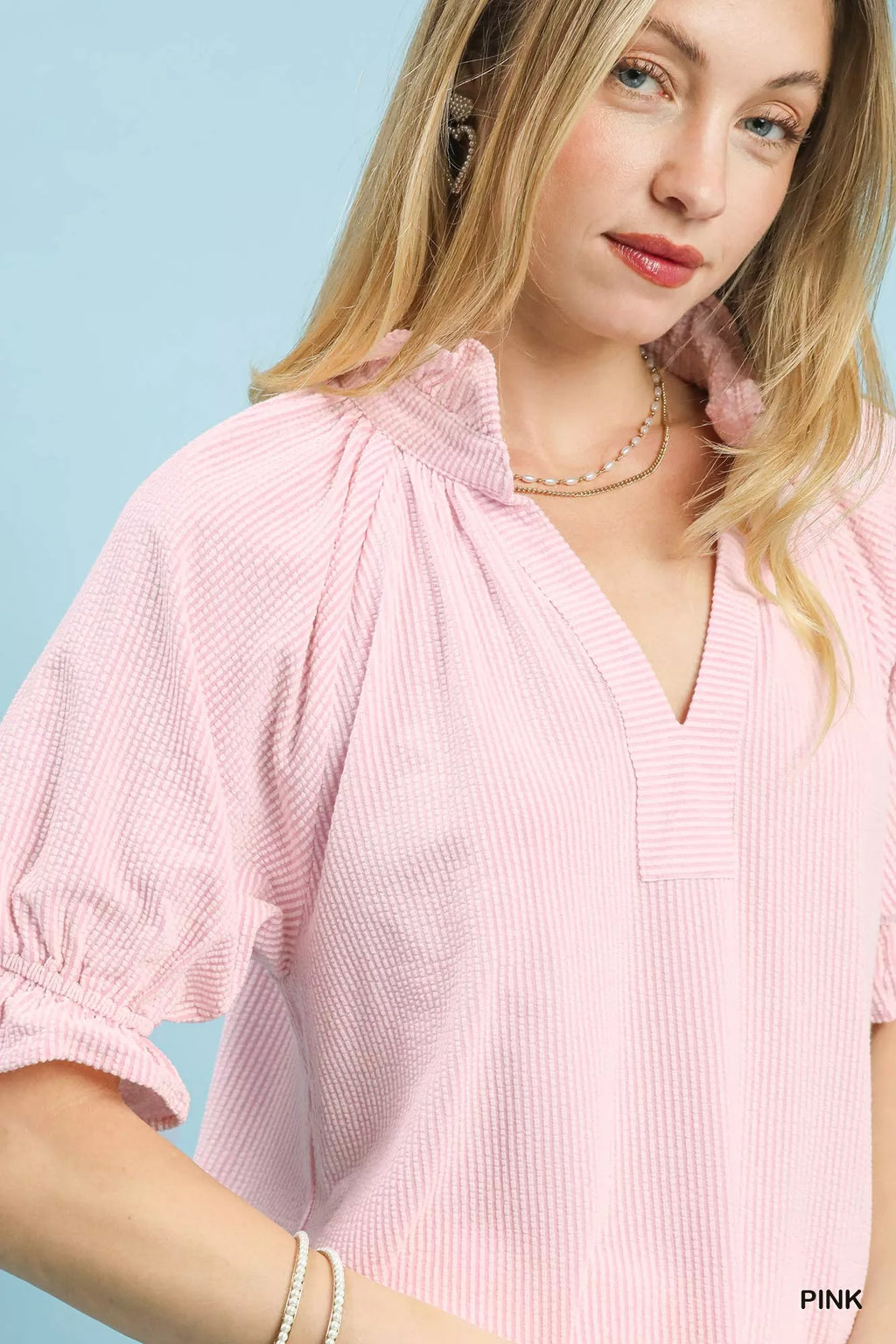 Textured Ruffle Sleeve V-Neck Top