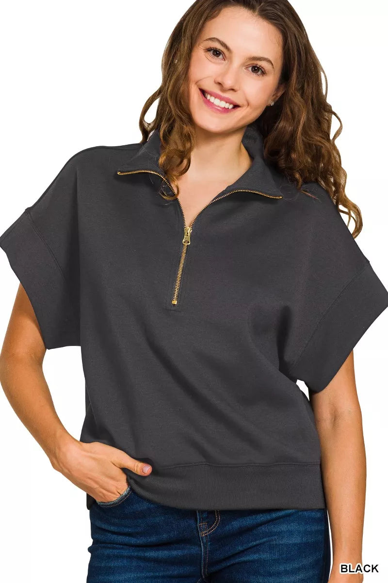 Full Size Scuba High Neck Half Zip Short Sleeve Top Plus Size