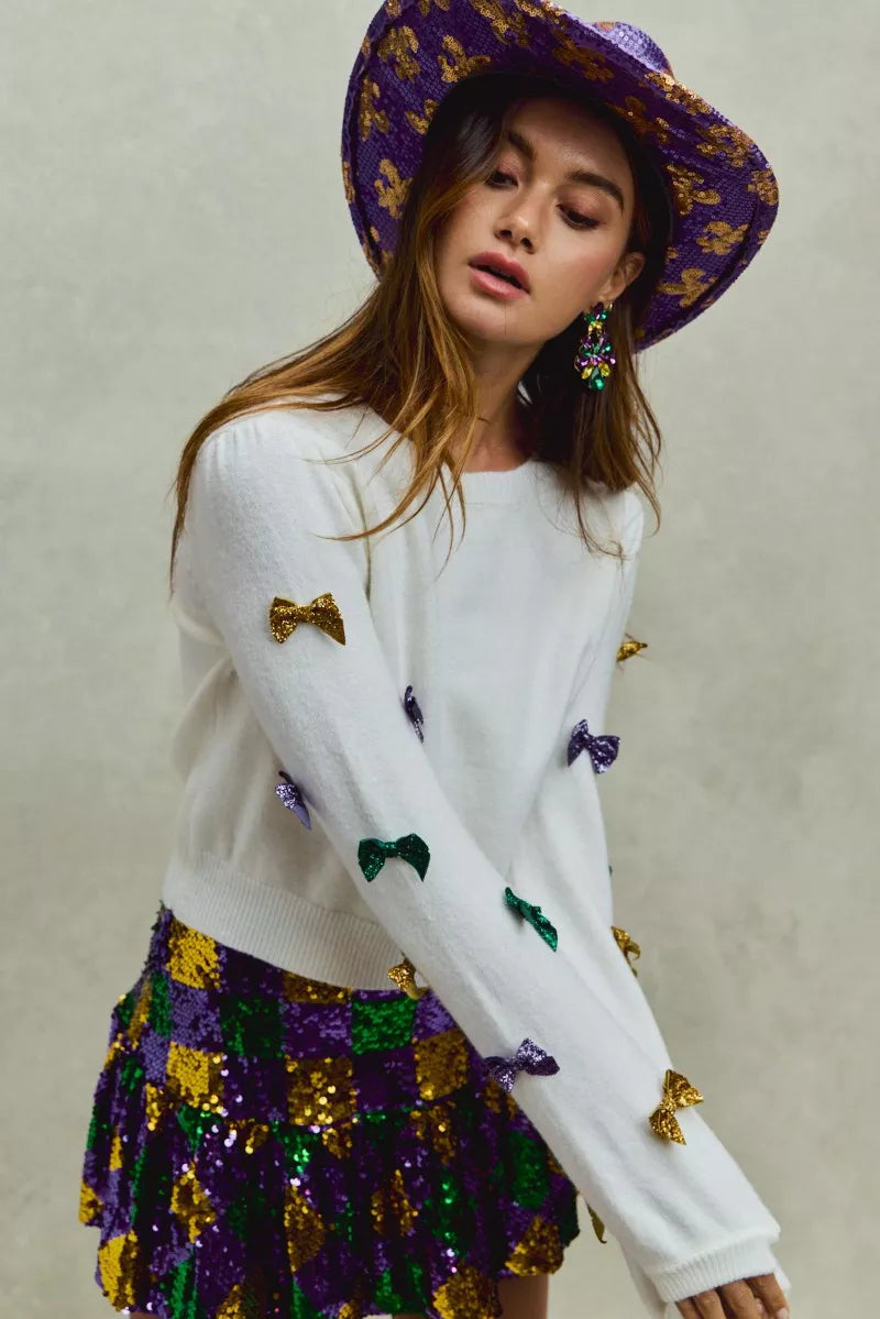 Mardi Gras Glitter Bow Ribbon Sweater Knit Top