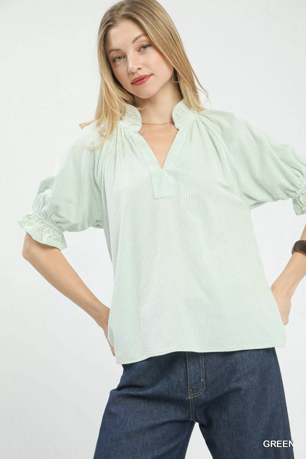 Textured Ruffle Sleeve V-Neck Top