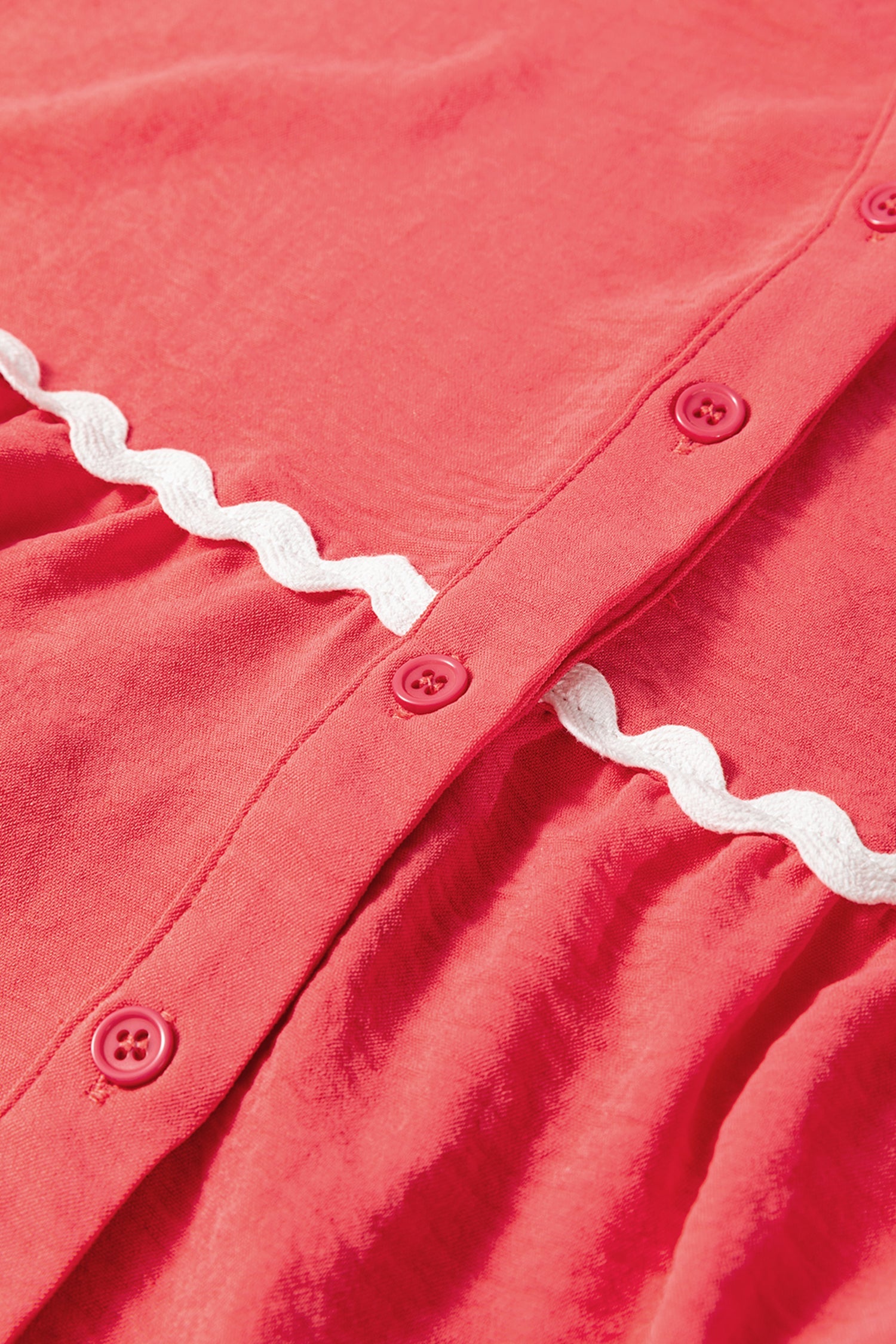 Coral Contrast Ricrac Trim V Neck Button Down Long Sleeve Shirt