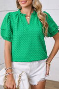 Bright Green Textured Puff Short Sleeve Notched V Neck Top