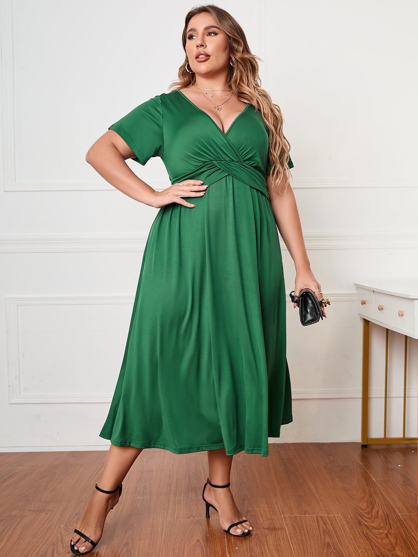 Short Sleeve Surplice Neck Midi Dress