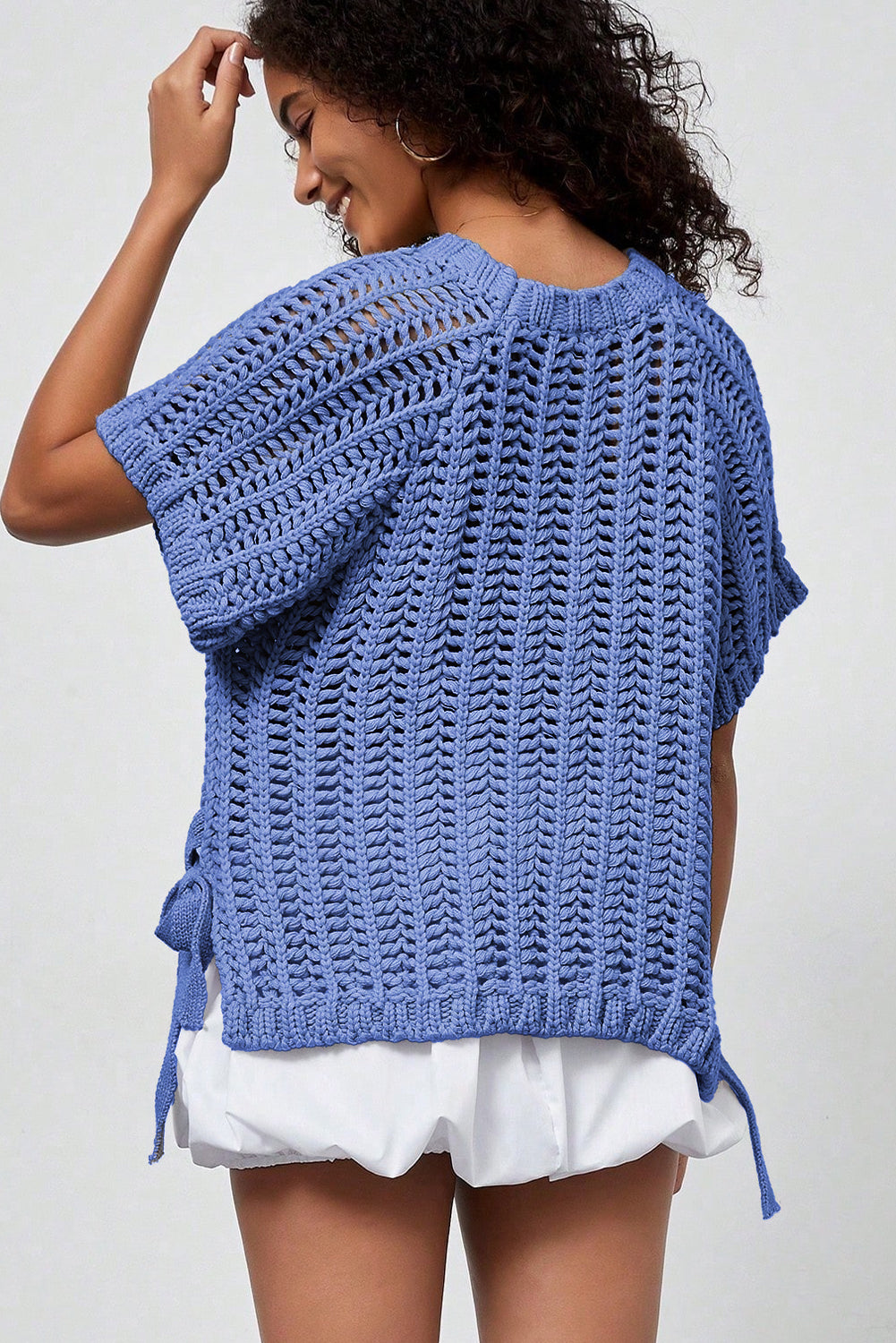 Plus Size Open Knit Bow Tie Short Sleeve Sweater