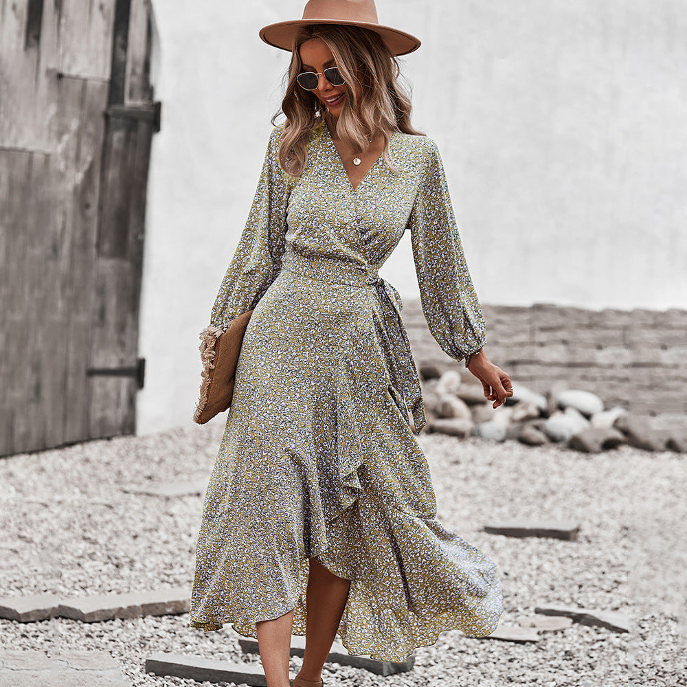 Autumn And Winter Floral Dress With Chest Wrap And Tie Large Swing Skirt Leisure Holiday Style