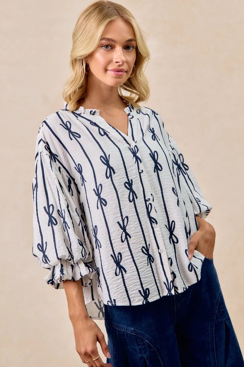 Bow Ribbon Printed Woven Bubble Sleeves Top
