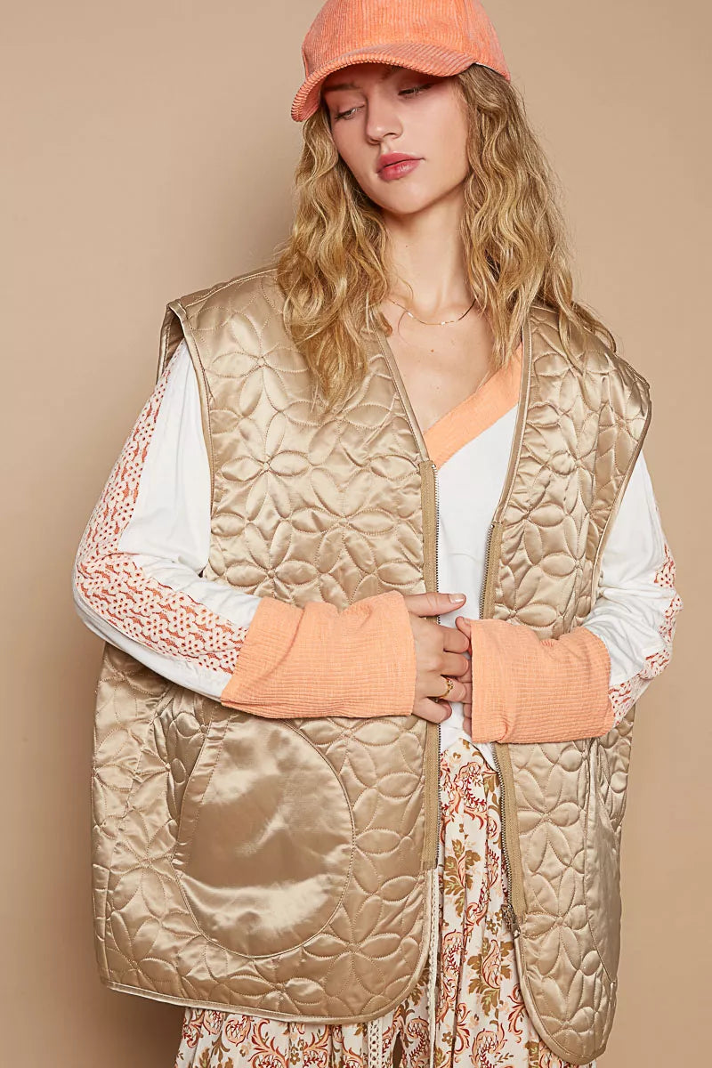 Front Zipper Floral Pattern Quilted Vest Coat with Front Pockets
