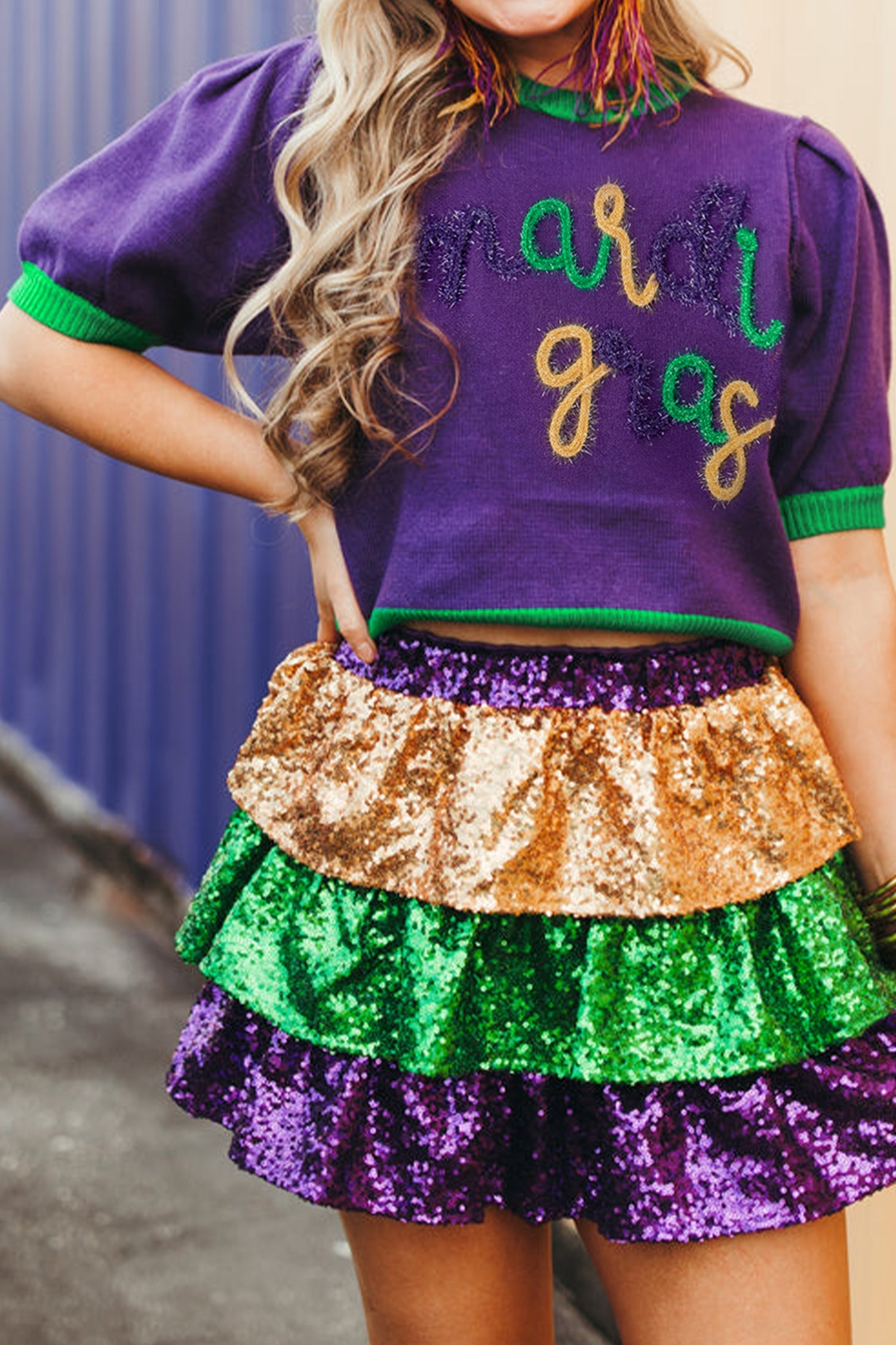 Tillandsia Purple Mardi Gras Tinsel Graphic Short Sleeve Sweater