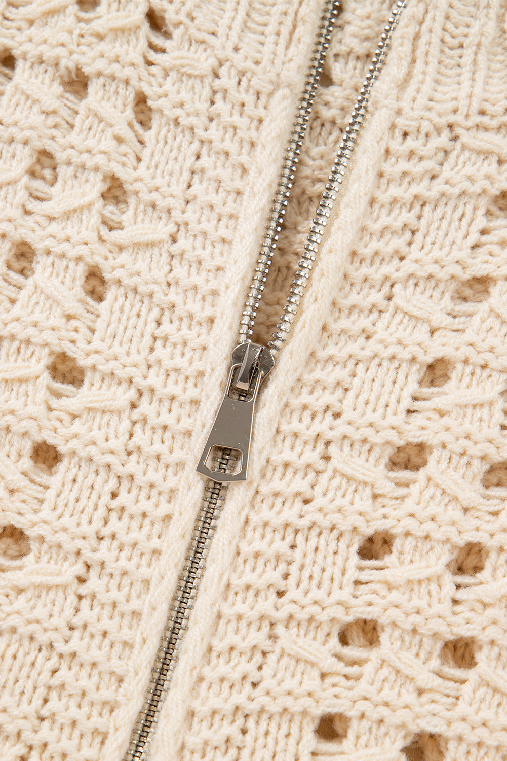 Beige Hollowed Pattern Knit Zip Up Drop Shoulder Sweater Cardigan