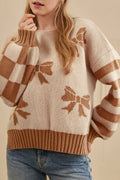 Straw Yellow Ribbon Bow Print Checkered Striped Sleeve Drop Shoulder Sweater