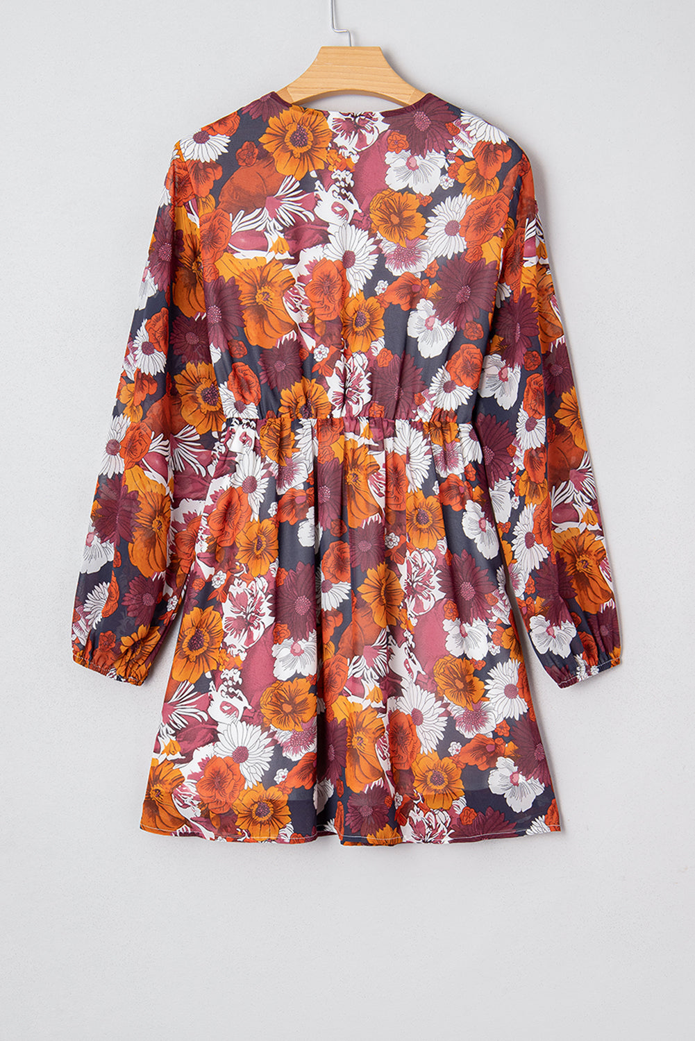 Red Floral Print Wrap V Neck Puff Sleeve Flowy Mini Dress