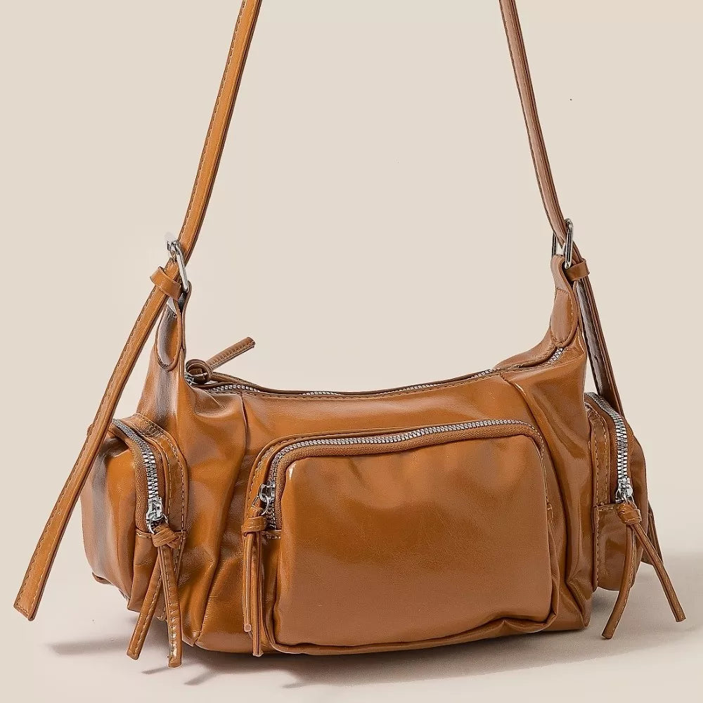 Glossy Faux Leather Multi Pocket Hand Bag