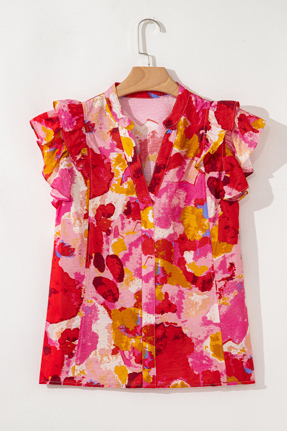 Red Abstract Print Split V Neck Ruffle Short Sleeve Blouse