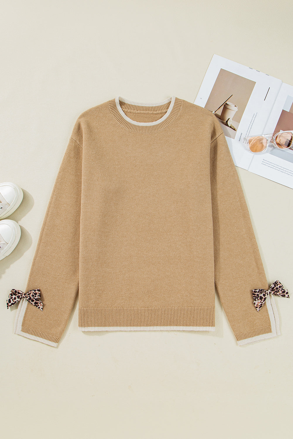 Tan Leopard Bow Decor Split Cuff Contrast Trim Sweater