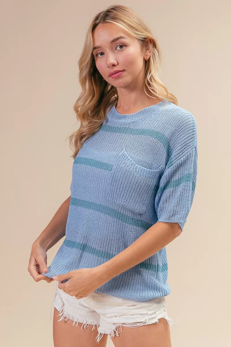 Patch Pocket Striped Lightweight Sweater Top