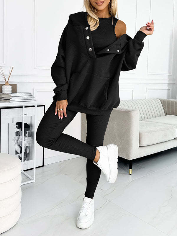 Casual Hooded Sweater Thickened Thread Fitted Vest Pants Three-piece Set See size chart under “more details”