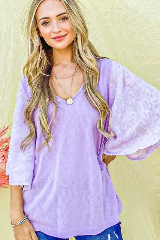 Feather Detailed 3/4 Sleeve Slub Top