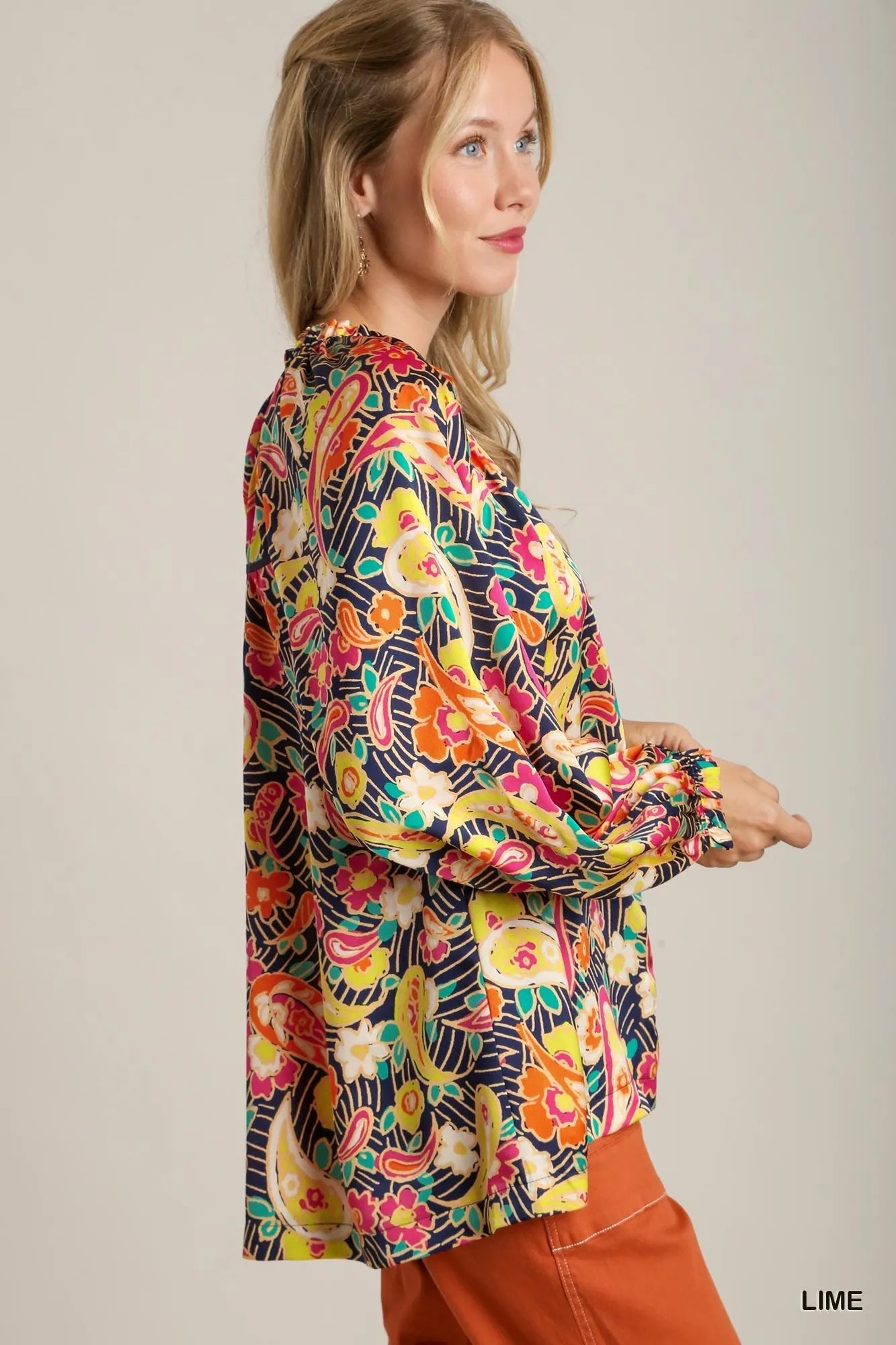 Full Size Satin Paisley Ruffle Neck Button-Up Shirt Plus Size