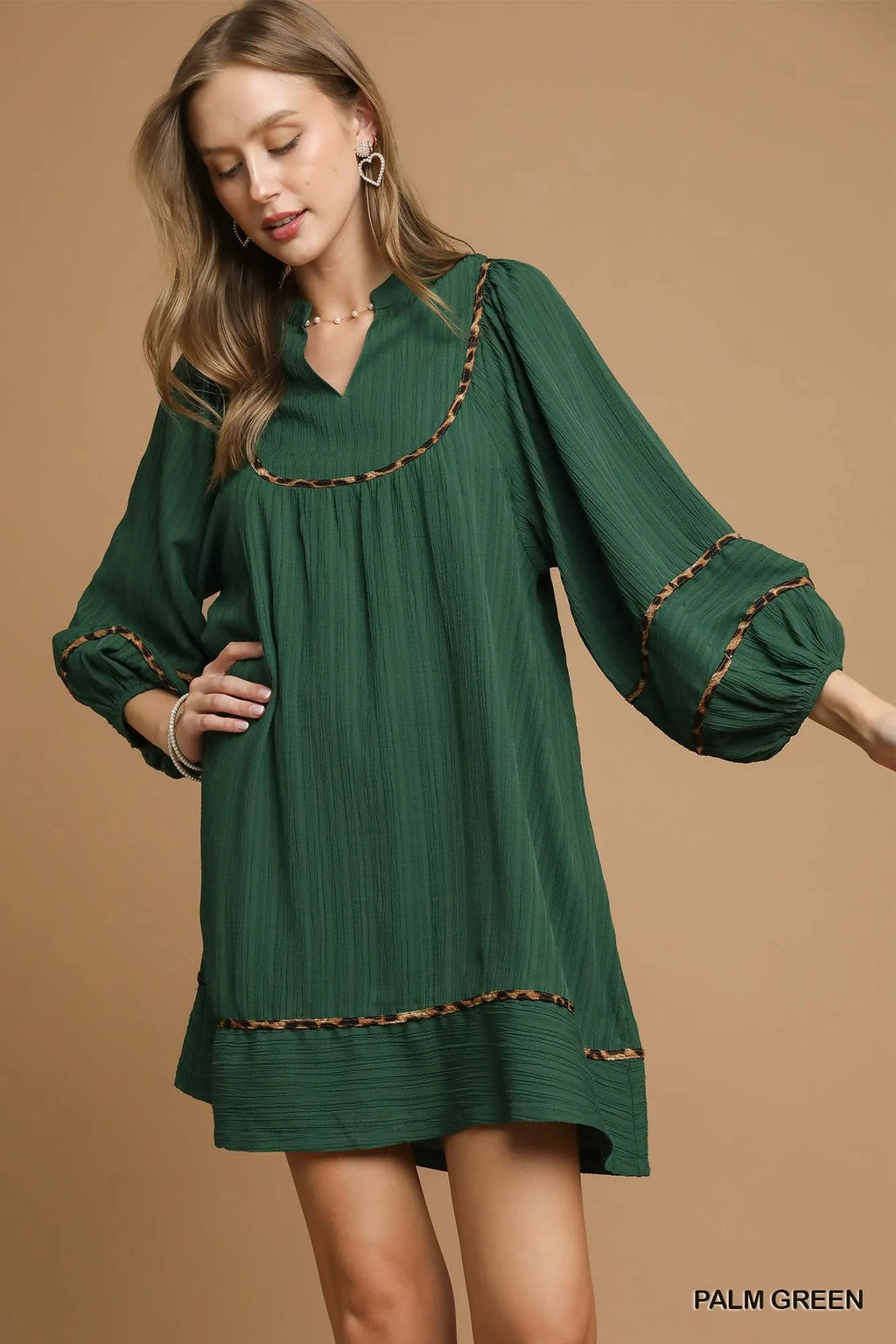 Textured Babydoll Dress with Leopard Trim
