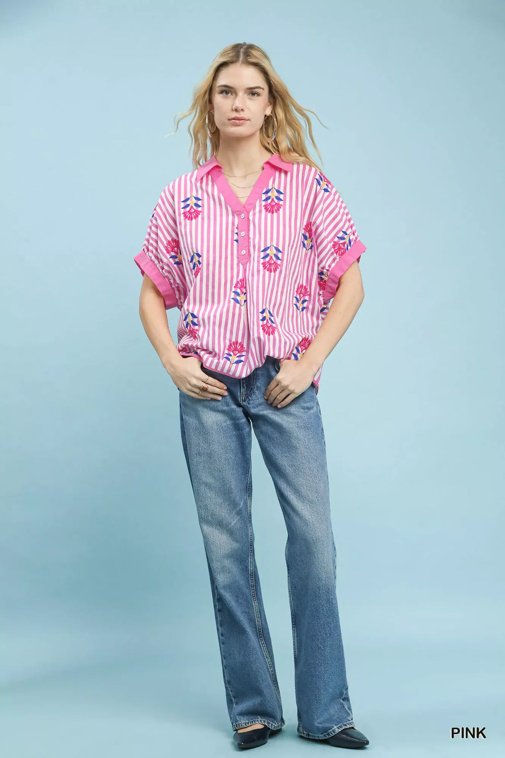 Stripe Embroidered Button-Front Boho Blouse