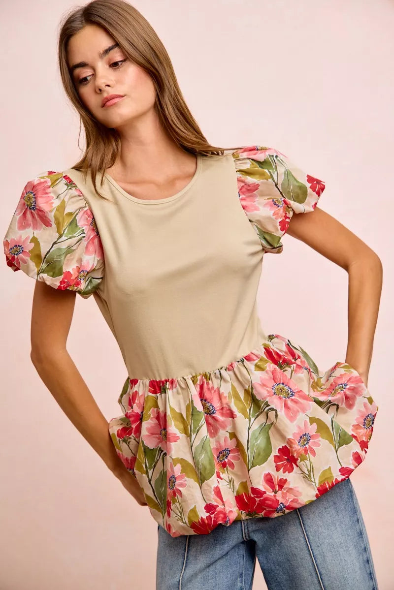 Floral Printed Bubble Sleeves and Hem Peplum Top