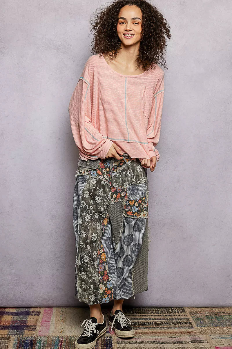 Round Neck Long Sleeve Exposed Seam Top with Chest Pocket