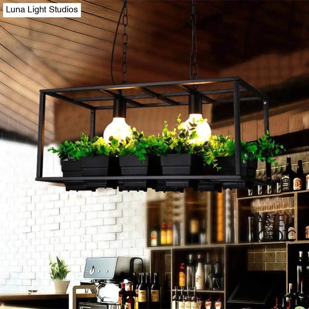 DecorBites™ Factory Metallic Island Lamp with Artificial Plant Deco - Black/White Rectangle, 2 Lights for Living Room