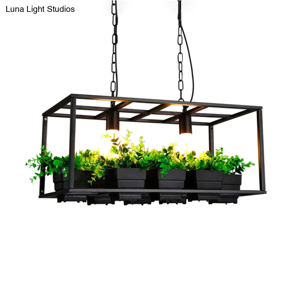 DecorBites™ Factory Metallic Island Lamp with Artificial Plant Deco - Black/White Rectangle, 2 Lights for Living Room