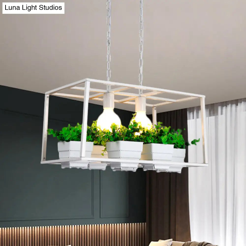 DecorBites™ Factory Metallic Island Lamp with Artificial Plant Deco - Black/White Rectangle, 2 Lights for Living Room