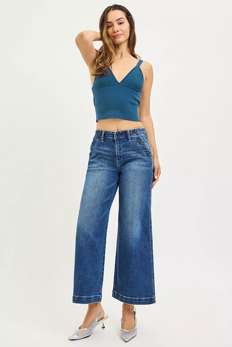 High Rise Wide Leg Jeans With Pocket Button Detail